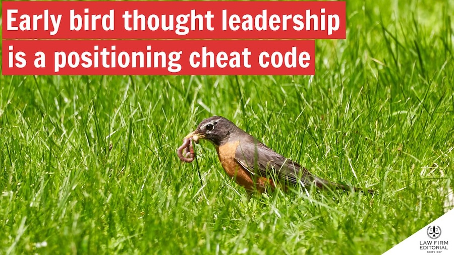 Bird holding worm to signify early bird thought leadership.